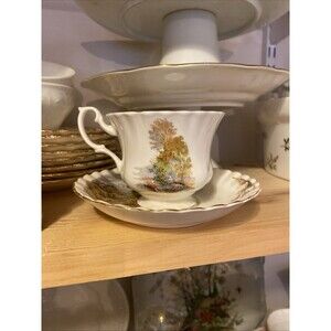 ROYAL ALBERT Bone China Landscape Bridge-Forest Scene Vintage Teacup & Saucer